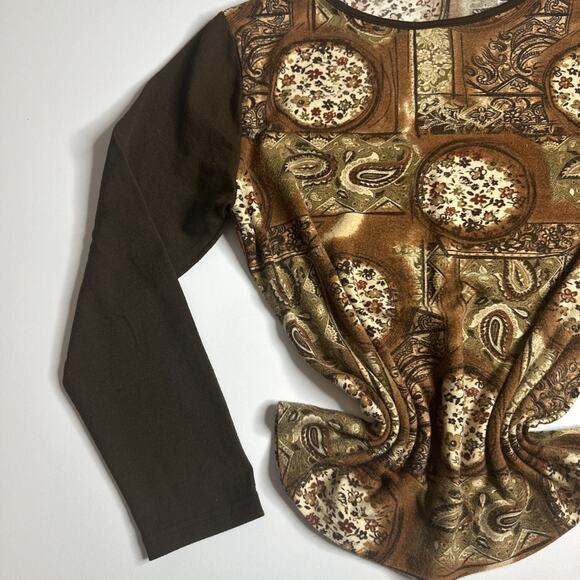 Vintage Y2K Brown Baroque Paisley Top M Indie Retro Long Sleeve Stretchy Boho - Picture 5 of 8